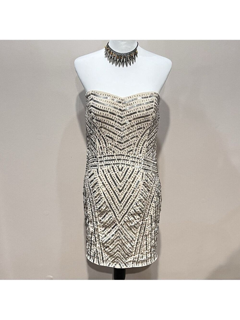 Temperance Dress M Beaded Sequin Strapless Cream Y2K Pom Bride Wedding Cocktail